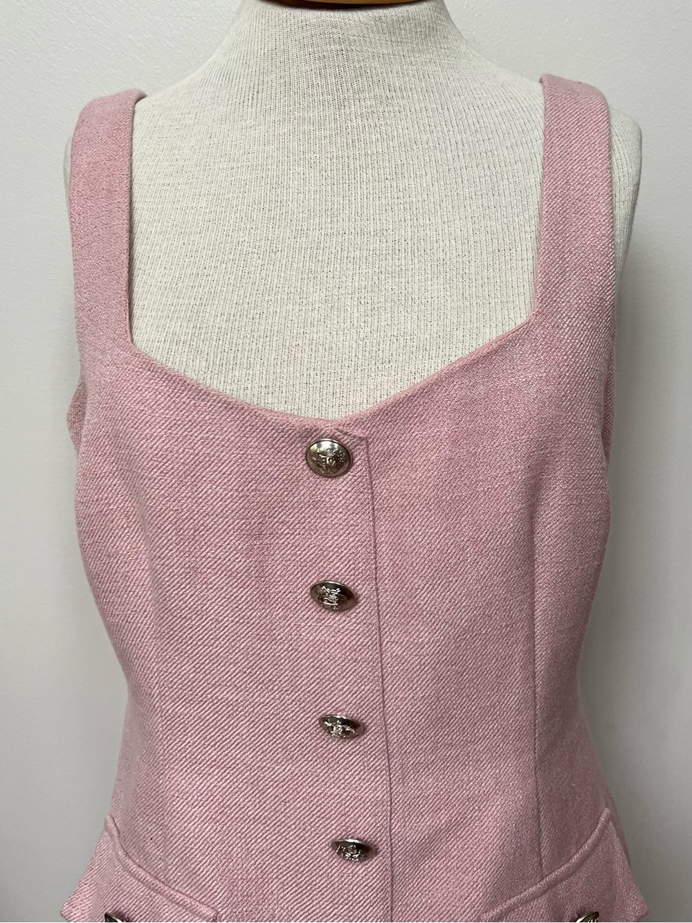 Bardot Emilie Boucle Mini Dress Pink Gold Button Tweed Sleeveless Shift L - Picture 3 of 7